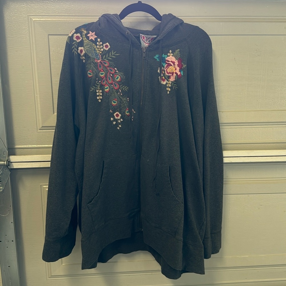 Johnny Was Grey Embroidered Hoodie